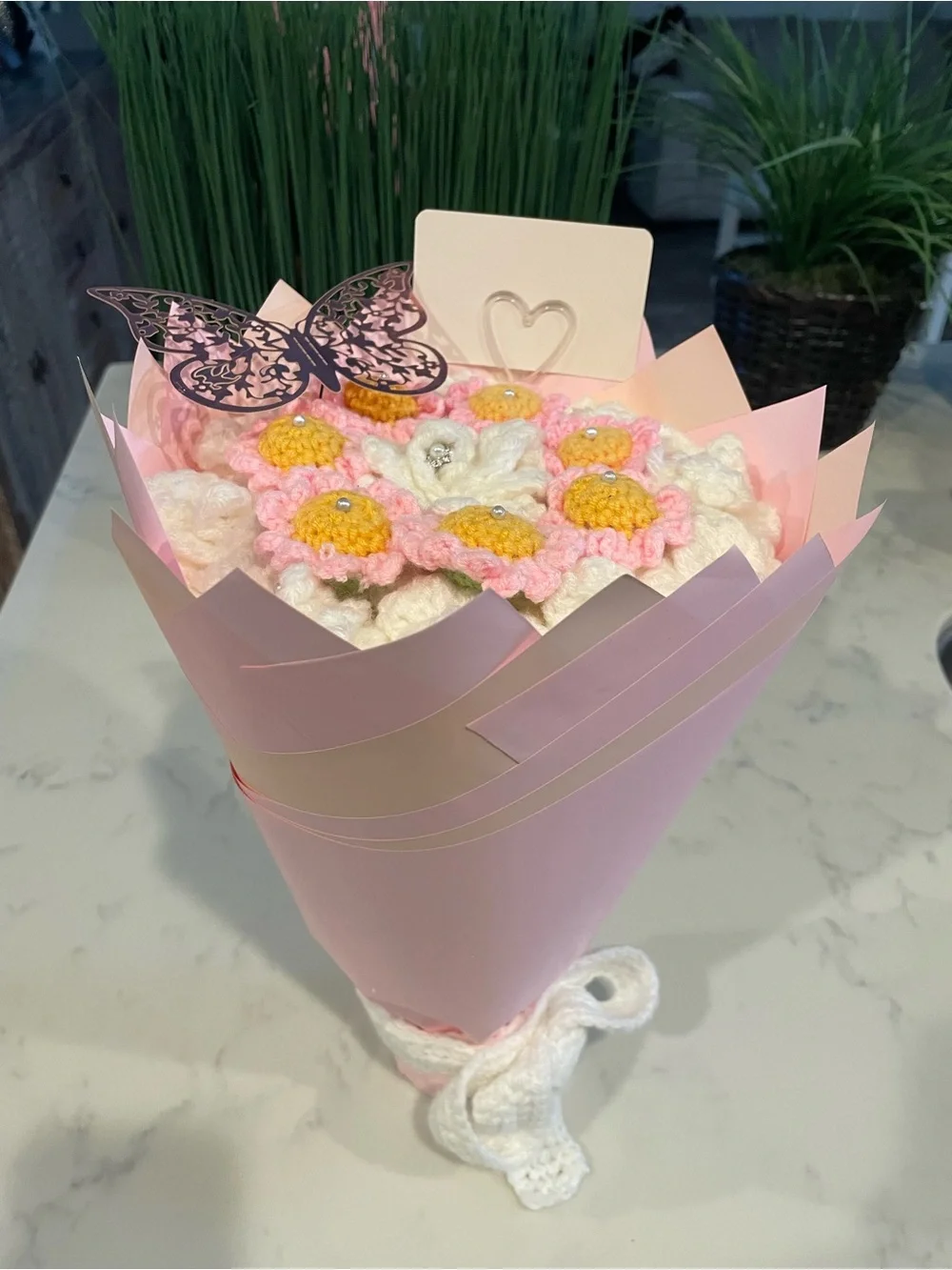 Handmade Pink & White Crochet Flower Bouquet - Women Bath & Body